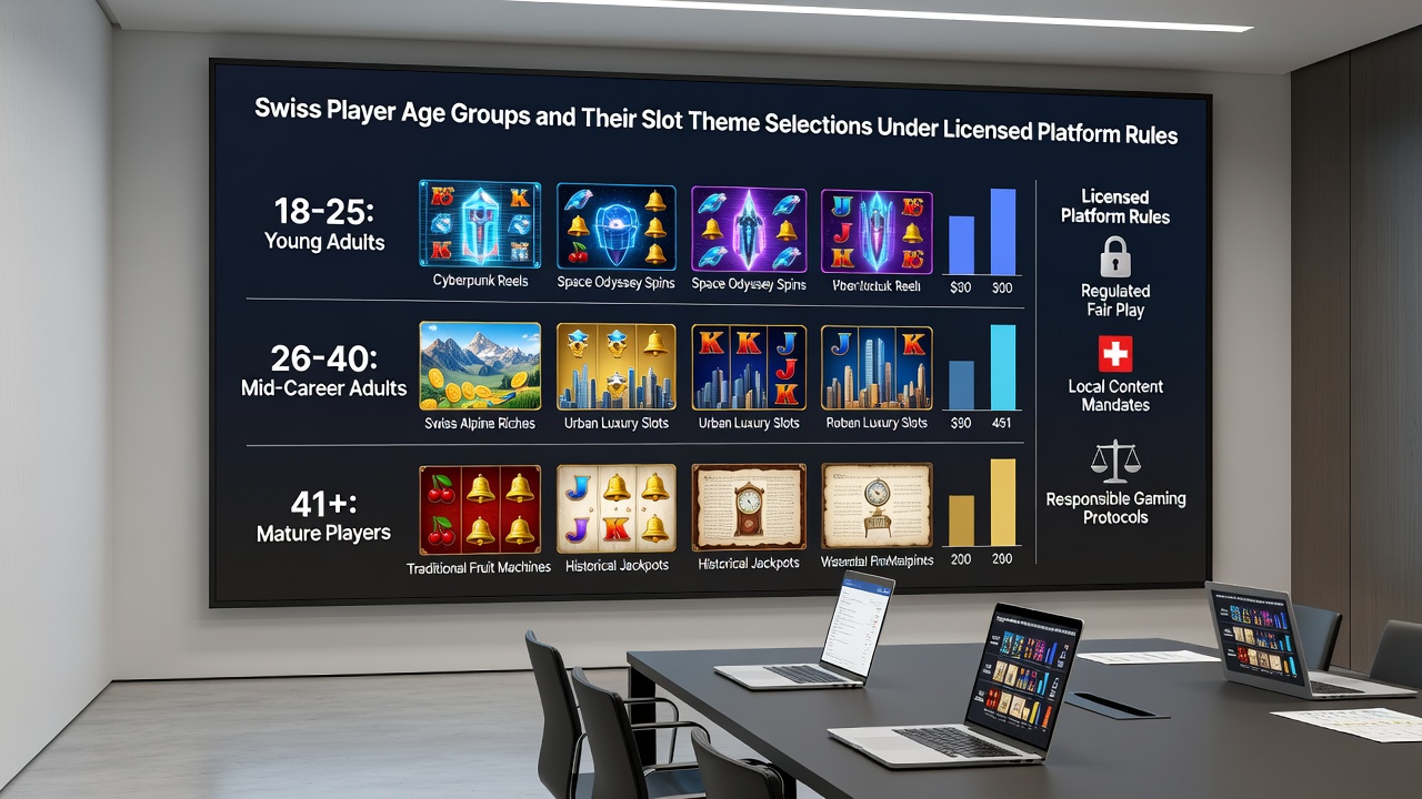 Infographic showing age group distributions and popular slot themes in Swiss licensed casinos